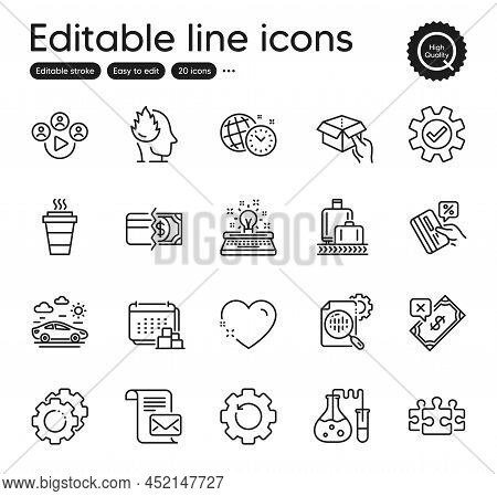 Set Of Business Outline Icons. Contains Icons As Credit Card, Car Travel And Settings Gears Elements