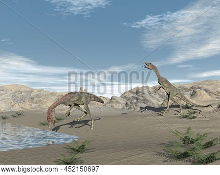 Compsognathus Dinosaurs In The Desert - 3d Render