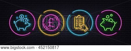 Pound Money, Checklist And Saving Money Minimal Line Icons. Neon Laser 3d Lights. Piggy Bank Icons. 