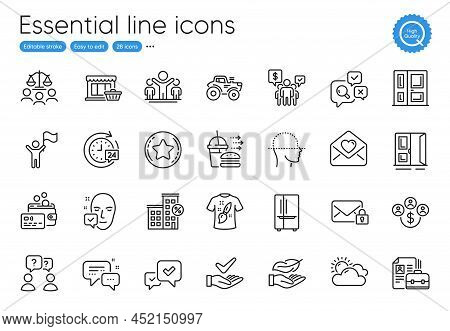 Face Scanning, T-shirt Design And Loan House Line Icons. Collection Of Court Jury, Card, Dermatologi