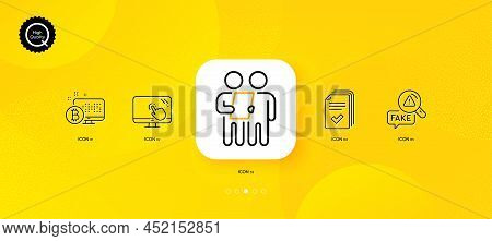 Bitcoin System, Touch Screen And Handout Minimal Line Icons. Yellow Abstract Background. Survey, Fak