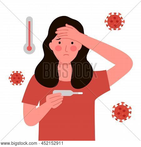 Sick Woman Suffering From Flu Or Cold. She Has Fever Symptom. Influenza Disease Concept.