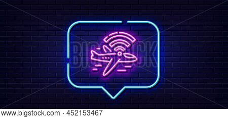 Neon Light Speech Bubble. Airplane Wifi Line Icon. Aircraft Wi-fi Sign. Inflight Internet Symbol. Ne