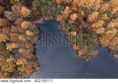 Beautiful Aerial Drone Bird's Eye View Landscape Image Of Derwentwater In Lake District With Vibrant