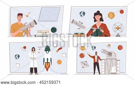 Set Of Astronomy. Collection Of Images With Scientists Studying Space. Universe And Search For Infor