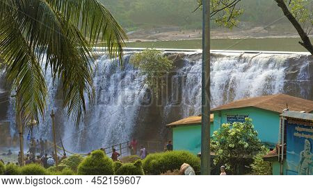 Nagercoil,tamilnadu,india- December 12 2021: Tourists Enjoying Thirparappu Falls. A Major Tourist At