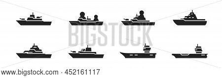 Warship Icon Set. Military Ships And Naval Vessels. Isolated Vector Image For Military Infographics