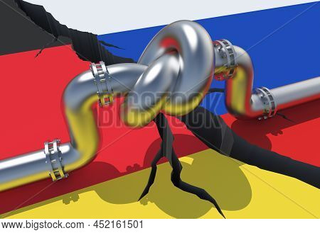 3d Render. Fuel Gas Pipeline With A Knot On Background Of Germany And Russian Flags. Eu Industrial E