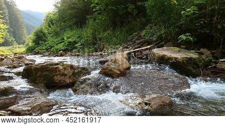 Mountain River With Green Mossy Stones And Small Waterfall. Captured In Prosiecka Dolina, Slovak Nat
