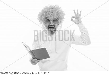 Happy Man In Funky Wig Show Ok Sign Gesture Reading School Book In Geek Sunglasses, Education
