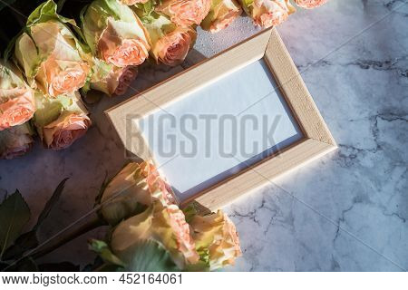 Wooden Picture Frame With Decorations. Mock Up For Your Photo Or Text Place Your Work, Print Art.hol