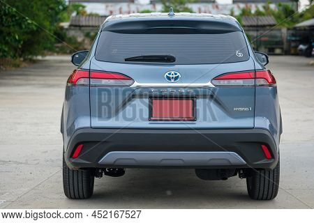 Samut Prakan, Thailand - April 2, 2022 : Back View Of A New Car Toyota Corolla Cross Car With 1.8 Li