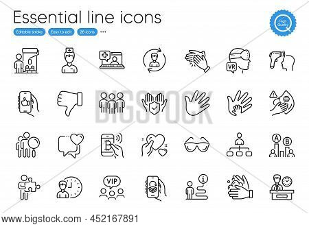 Dislike Hand, Clapping Hands And Dirty Mask Line Icons. Collection Of Wash Hands, Like App, Ab Testi