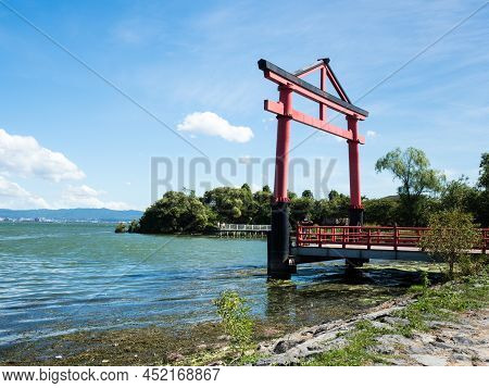 Otsu, Japan - August 21, 2018: Red Torii Gates Of Hichihon Yanagimiya Shrine At Sakamoto Castle Ruin