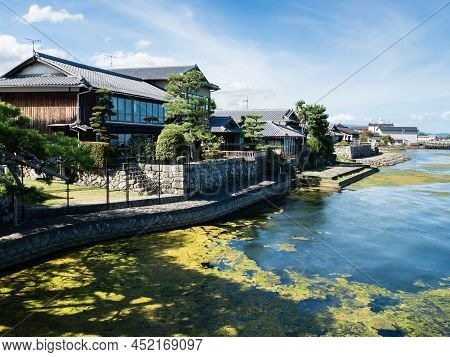 Traditional Japanese Houses On The Shores Of Lake Biwa In Otsu, Shiga Prefecture, Japan