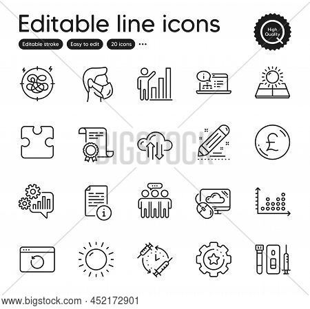Set Of Science Outline Icons. Contains Icons As Recovery Internet, Settings Gear And Graph Chart Ele