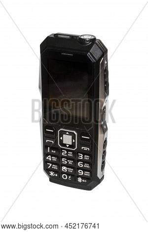 Mobile Shockproof Phone On A White Background.shockproof Push-button Mobile Phone With A Powerful Ba