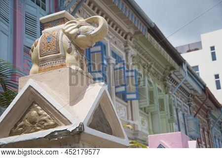 Singapore- Mar 26, 2020: Elephant Decoration At The Gate Of Colorful Residential Building Located At
