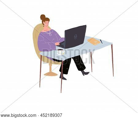 Vector Cartoon Flat Woman Character Sits At Table, Young Girl Studies And Works Using Laptop-distanc