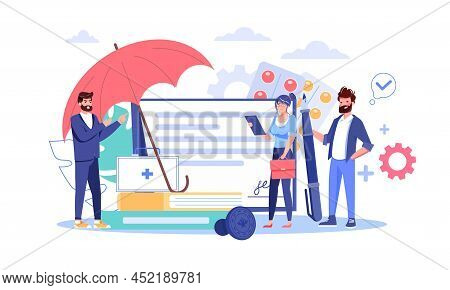 Insurance Agent Presenting Service Making Deal With Client Family Couple Flat Vector Illustration. C