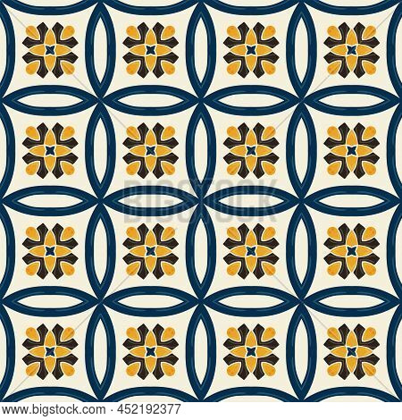 Seamless Illustrated Pattern Made Of Abstract Elements In Beige, Yellow, Bown And Blue