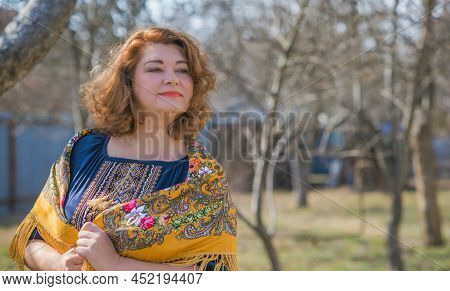 European Plus Size Ethnic Woman In Embroidery Traditional Shirt And Scarf. Concept Of National Costu