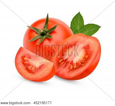 Fresh Tomatoes With Leaves Isolsted On White Background