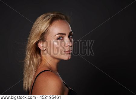 Studio Shot Of Confident Blonde Beautiful Middle Aged Woman With Healthy Tanned Clean Glowing Skin I