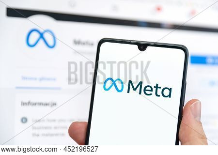 Wroclaw, Poland - Apr 01, 2022: Facebook Changes Its Company Name To Meta. Meta On A Smartphone And 