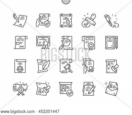 Legal Documents. Official Letter. Stamp, Certificate, License And Diploma. Pixel Perfect Vector Thin