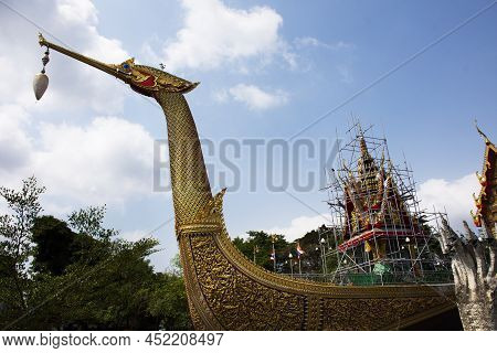 Ancient Architecture Royal Barge Suphannahong Sculptured Boat And Antique Building Ubosot For Thai P