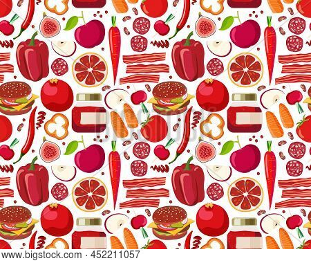 Red Food Seamless Pattern. Vegetables And Fruits And Other Red Food On White. Chromotherapy, Color B