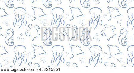 Seamless Pattern Of Silhouettes Of Marine Life In Watercolor Style On White Background