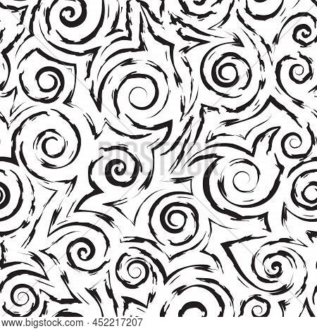 Stock Vector Monochrome Seamless Pattern Of Spirals And Waves.stock Vector Seamless Texture Of Flowi