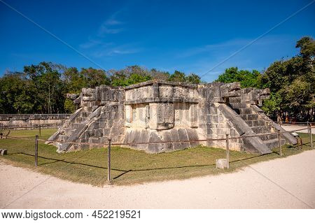 Piste, Mexico - March 25, 2022: View Of Plataforma De Las Águilas Y Los Jaguares At Chichen Itza.