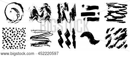 A Set Of Rough Black Textures Isolated On A White Background. Rough, Wavy And Patchy Textures. Vecto