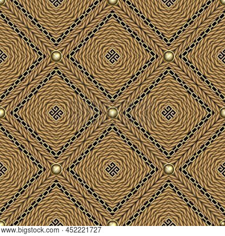Textured Waffle Seamless Pattern. Waffled Ornamental Ropes Background. Repeat Rhombus Backdrop. Gree