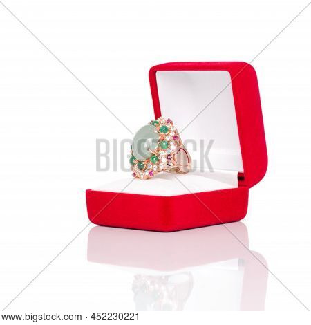 Aquamarine With Emerald, Ruby And White Zircon Ring In Red Jewel Box. Collection Of Natural Gemstone