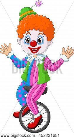 Vector Illustration Of Cartoon Clown Riding One Wheel Bike