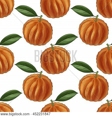 Seamless Pattern With Drawing Bitter Orange, Citrus Fruits At White Background, Hand Drawn Illustrat