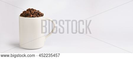 One White Coffee Mug, Fresh Roasted Coffee Beans, Light Background, Place For Text