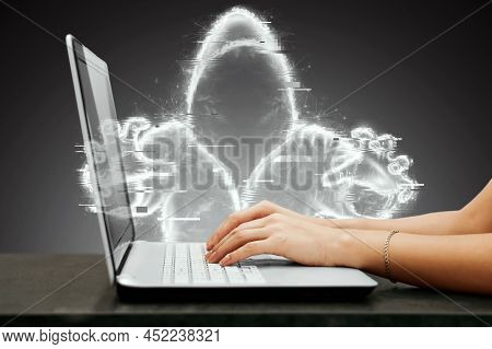 Dark Web, Shadow Crime, Internet Crime Concept, Hidden Internet. Hologram Of Digital Hacker In Compu