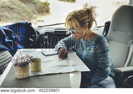 Adult Woman Travel Alone With Camper Van Motorhome And Enjoy Adventure And Freedom Vanlife Lifestyle