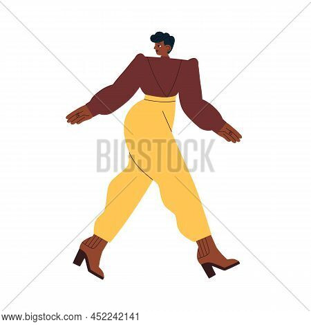 Modern Black Woman Walking In Fashion Outfit, Wearing Elegant Blouse And Trousers Pants. Stylish Fem