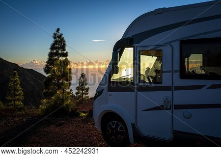 Camper Motorhome Summer Holiday Travel Vacation. Renting Vehicle Motorhome. Enjoy Freedom And Nature