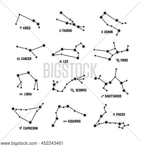Zodiac Constellation. Stars Augury, Astrology Horoscope Symbols. Taurus Scorpion Aries Star Sign In 