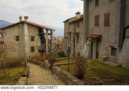 Historic Residential Buildings In Poffabro, A Medieval Village In The Val Colvera Valley In Pordenon