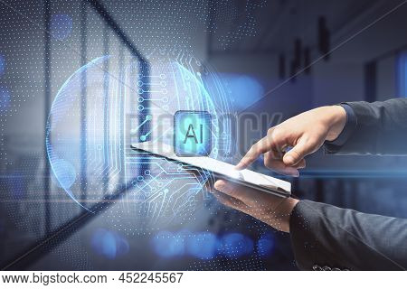 Close Up Of Businessman Hand Pointing At Smartphone With Abstract Glowing Ai Sphere On Blurry Office