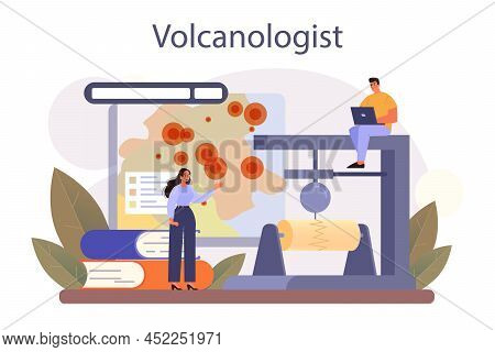 Volcanologist Concept. Geologist Studying The Processes And Activity