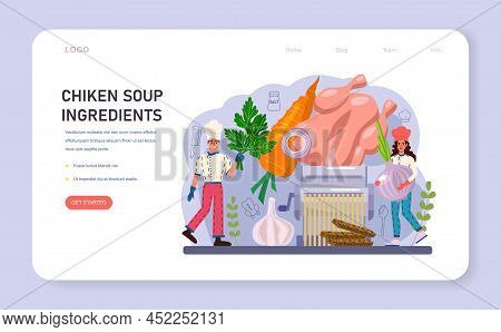 Chicken Soup Web Banner Or Landing Page. Tasty Bouillon With Different
